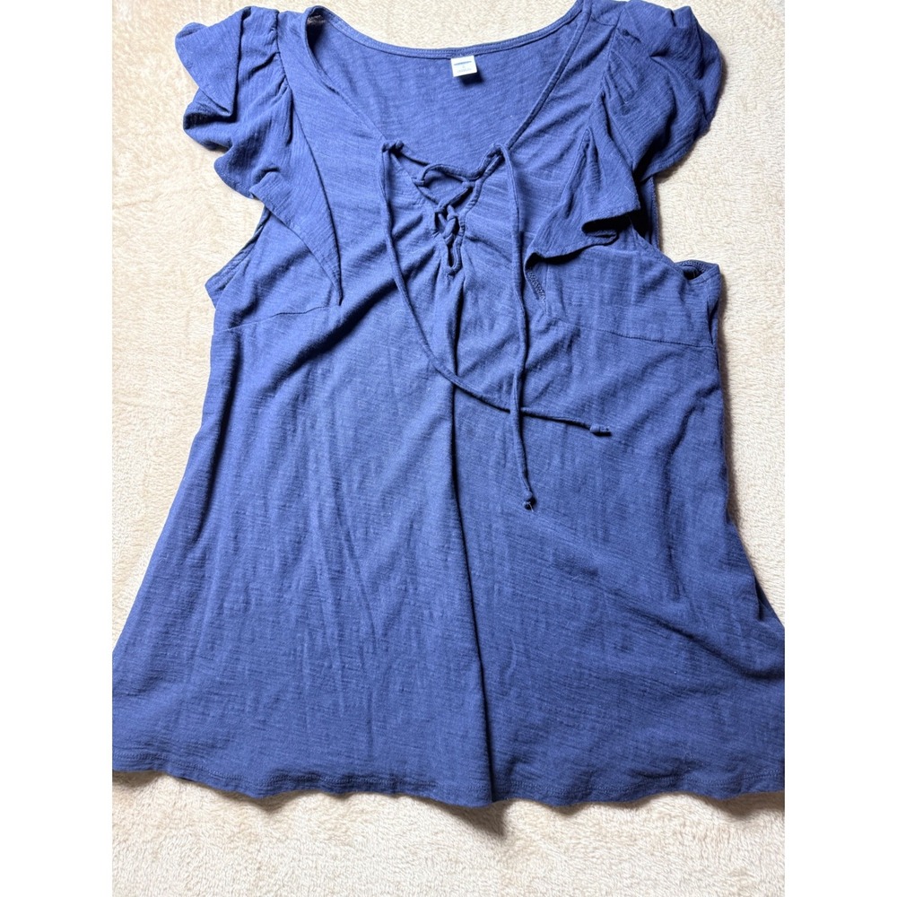 Old Navy Womens Navy Blue Flutter Sleeve Lace Up‎ V-Neck Slub Cotton Top Large